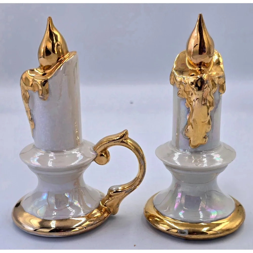 Vintage Ceramic Candle Shaped Salt & Pepper Shakers Gold Drip Accent Set of 2‎